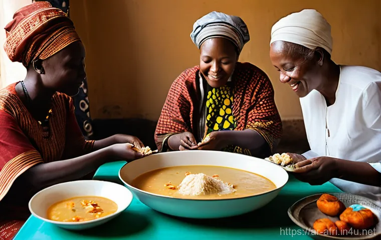 중앙아프리카 공화국 전통 음식 - **A heartwarming Central African family meal:** A multi-generational Central African family, includi...