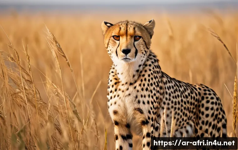 중앙아프리카 공화국 야생 동물 촬영 - A serene early morning scene in the Central African Republic wildlife reserve, featuring a sleek che...