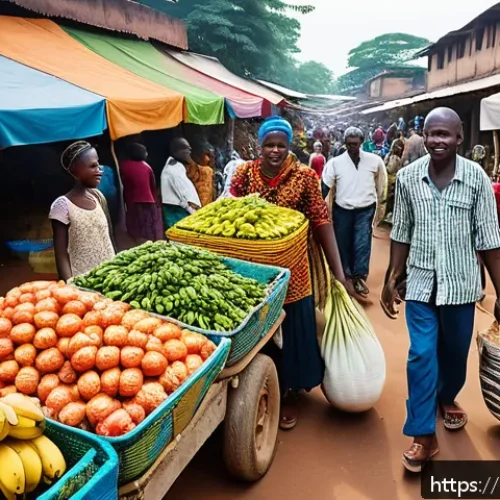 중앙아프리카 공화국 지역 시장 탐방 - A bustling Central Market scene in Bangui, Republic of Central Africa, showcasing vibrant stalls fil...