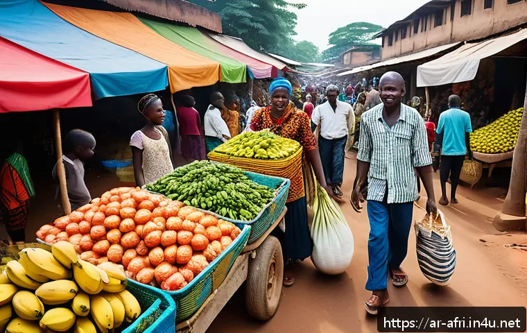 중앙아프리카 공화국 지역 시장 탐방 - A bustling Central Market scene in Bangui, Republic of Central Africa, showcasing vibrant stalls fil...